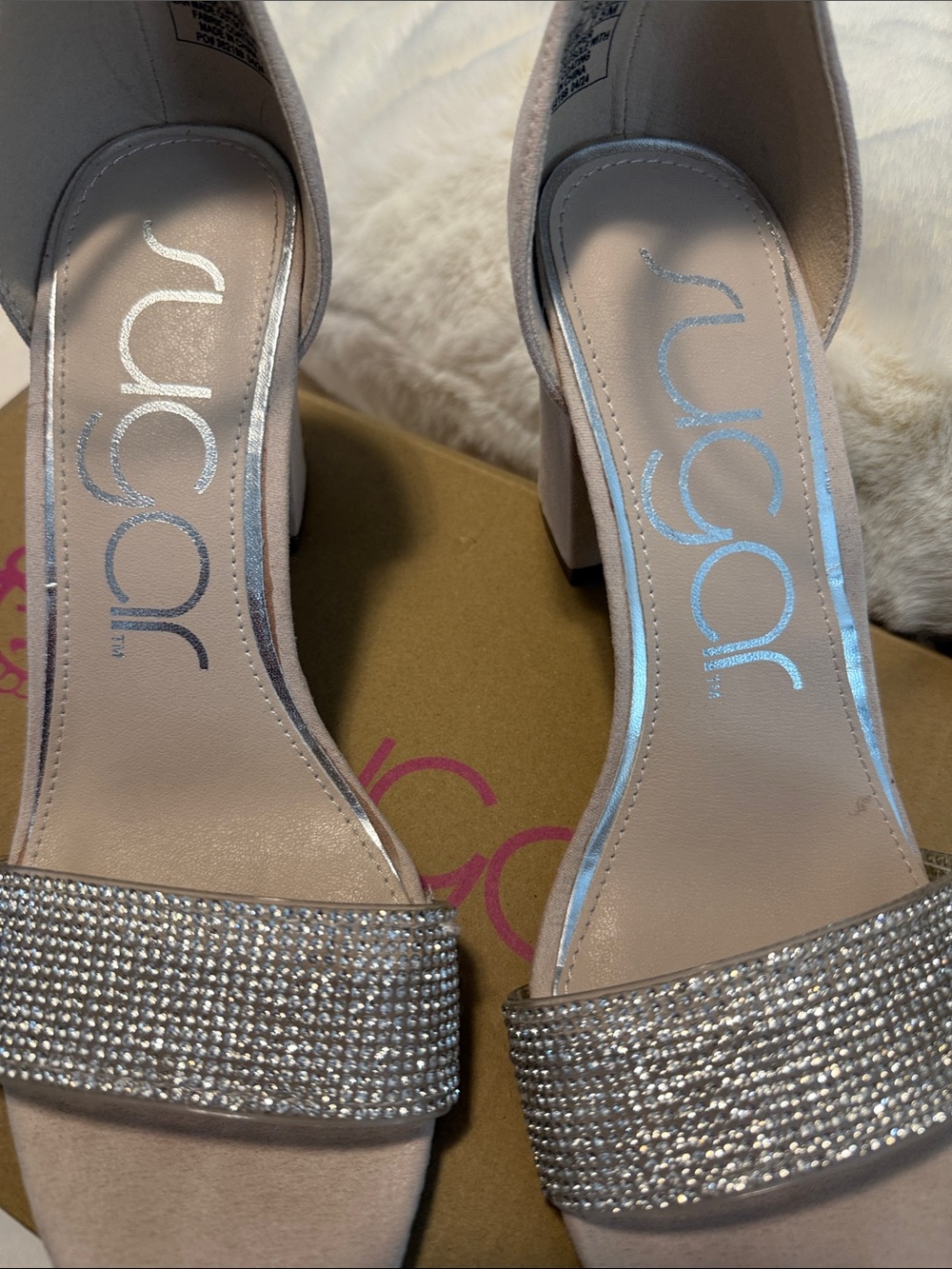 Sugar Rhinestone Nude Block Heel Sandals